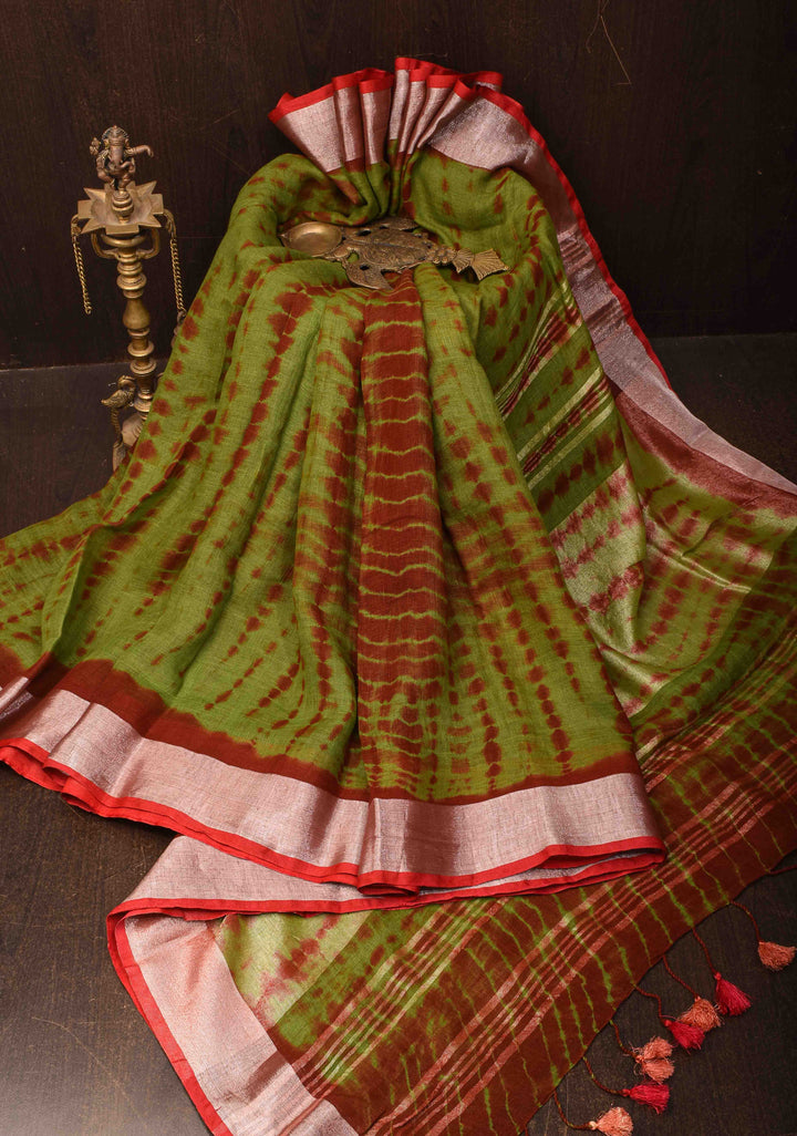Green Authentic Shibori on Pure Linen by Linen Saree with Zari Border