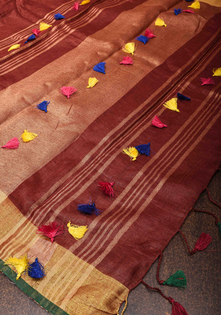 Mud Brown  Linen Saree with Zari Border and Multicolor Tassels on Pallu