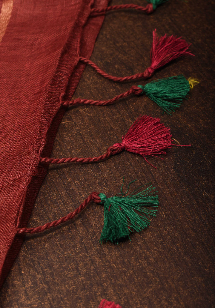 Mud Brown  Linen Saree with Zari Border and Multicolor Tassels on Pallu