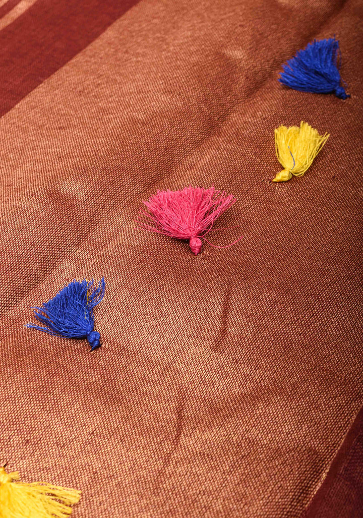 Mud Brown  Linen Saree with Zari Border and Multicolor Tassels on Pallu