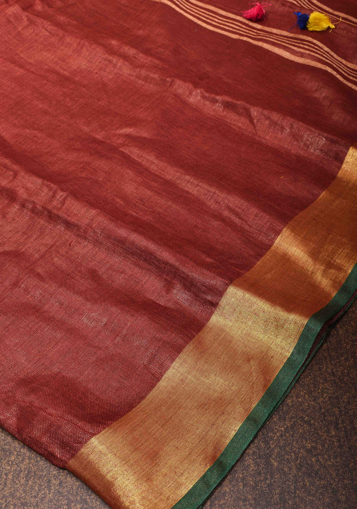 Mud Brown  Linen Saree with Zari Border and Multicolor Tassels on Pallu