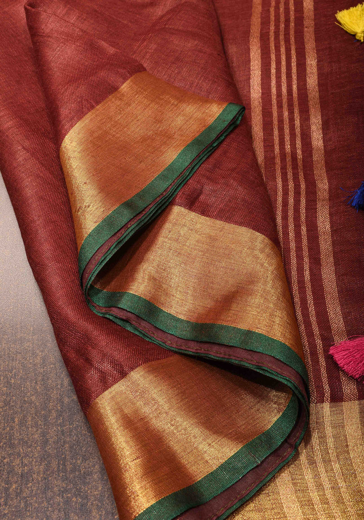 Mud Brown  Linen Saree with Zari Border and Multicolor Tassels on Pallu