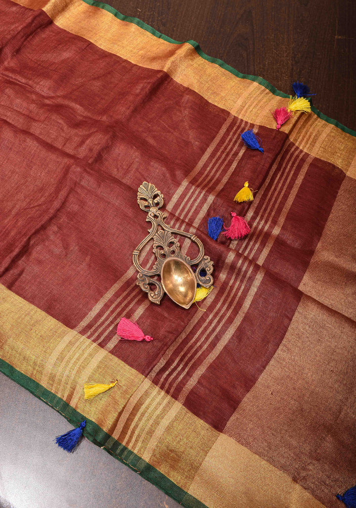 Mud Brown  Linen Saree with Zari Border and Multicolor Tassels on Pallu