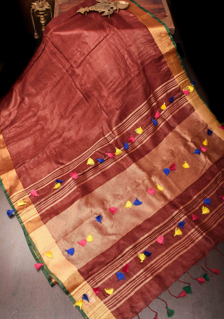 Mud Brown  Linen Saree with Zari Border and Multicolor Tassels on Pallu