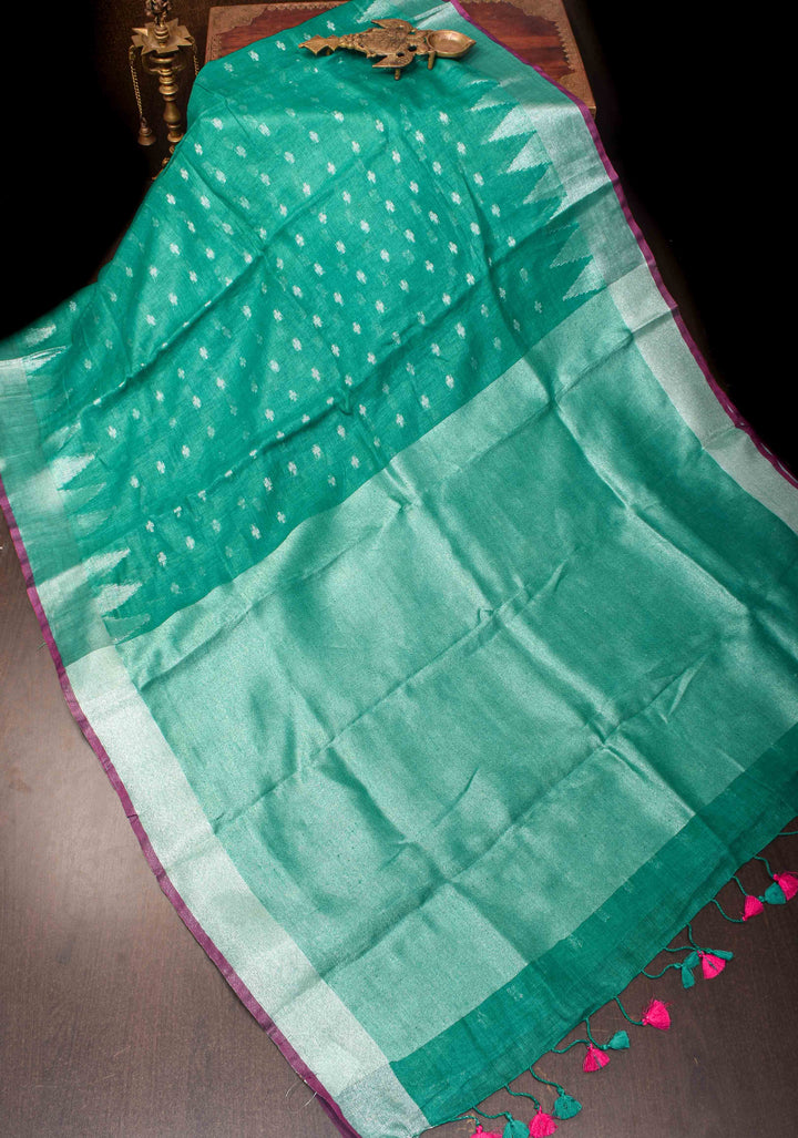Light Teal Linen by Linen Saree with Temple Zari Border