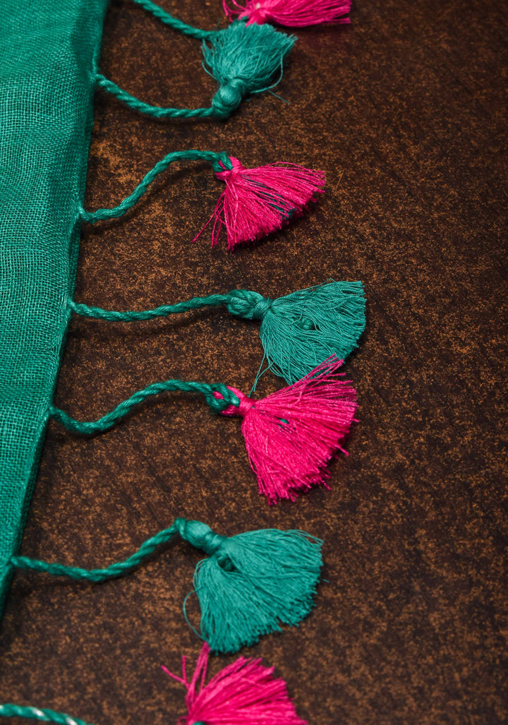 Light Teal Linen by Linen Saree with Temple Zari Border