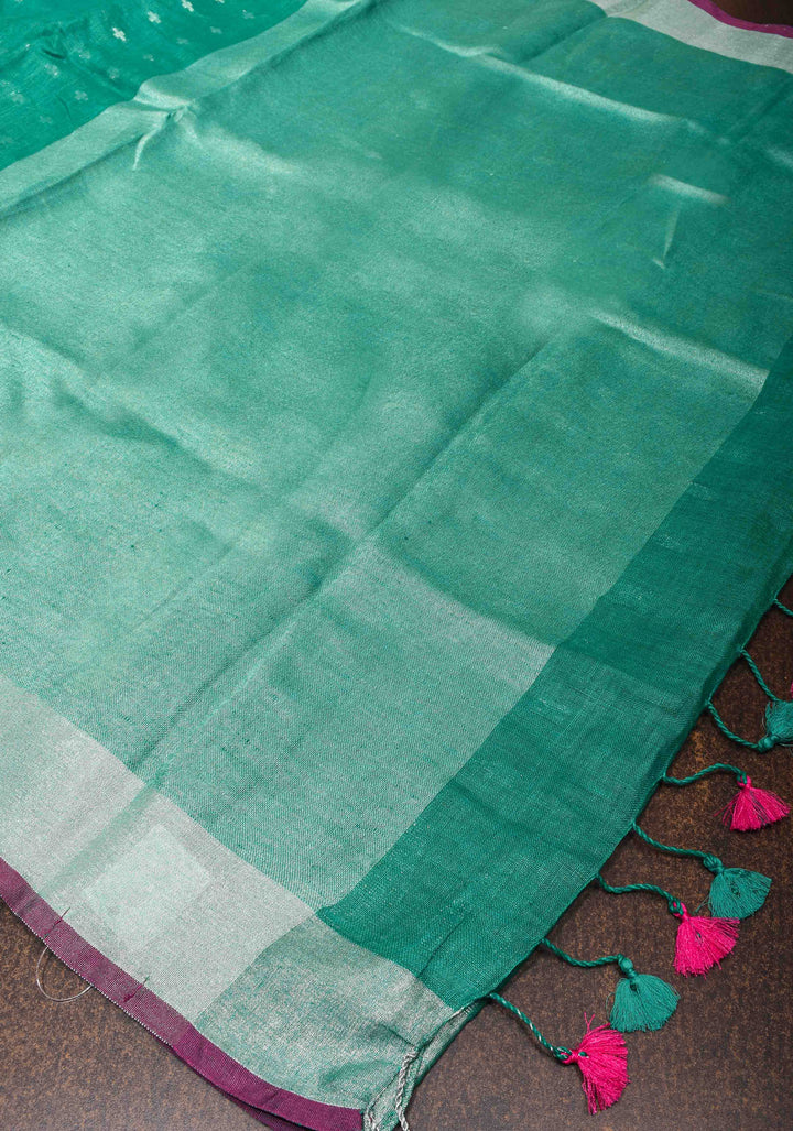 Light Teal Linen by Linen Saree with Temple Zari Border