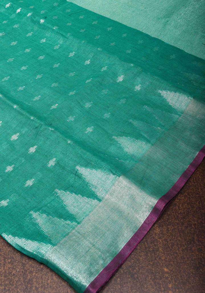 Light Teal Linen by Linen Saree with Temple Zari Border