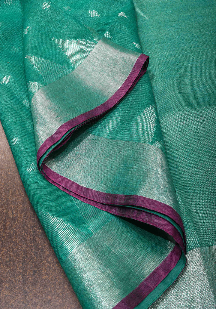 Light Teal Linen by Linen Saree with Temple Zari Border