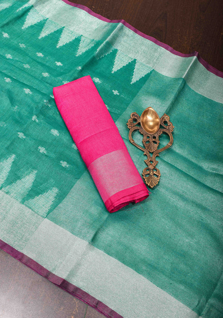 Light Teal Linen by Linen Saree with Temple Zari Border