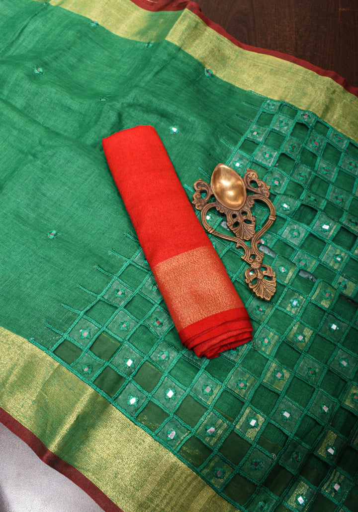 Jaali Pallu - Linen by Linen Cutwork and Mirrorwork Saree in Green