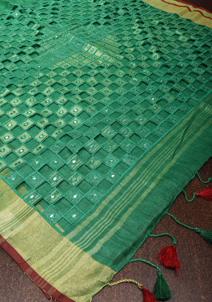 Jaali Pallu - Linen by Linen Cutwork and Mirrorwork Saree in Green