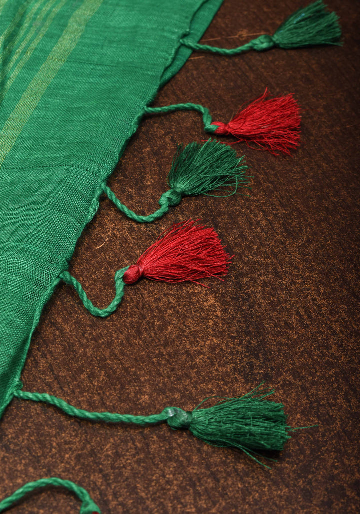 Jaali Pallu - Linen by Linen Cutwork and Mirrorwork Saree in Green