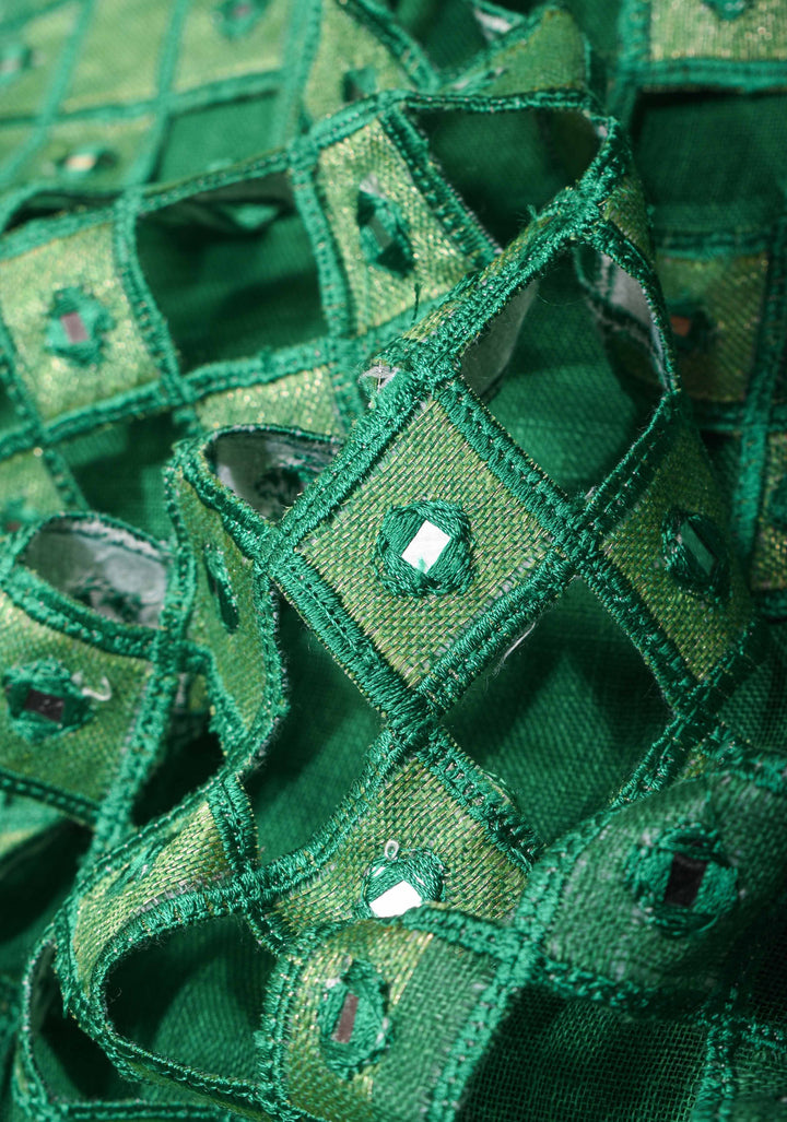 Jaali Pallu - Linen by Linen Cutwork and Mirrorwork Saree in Green