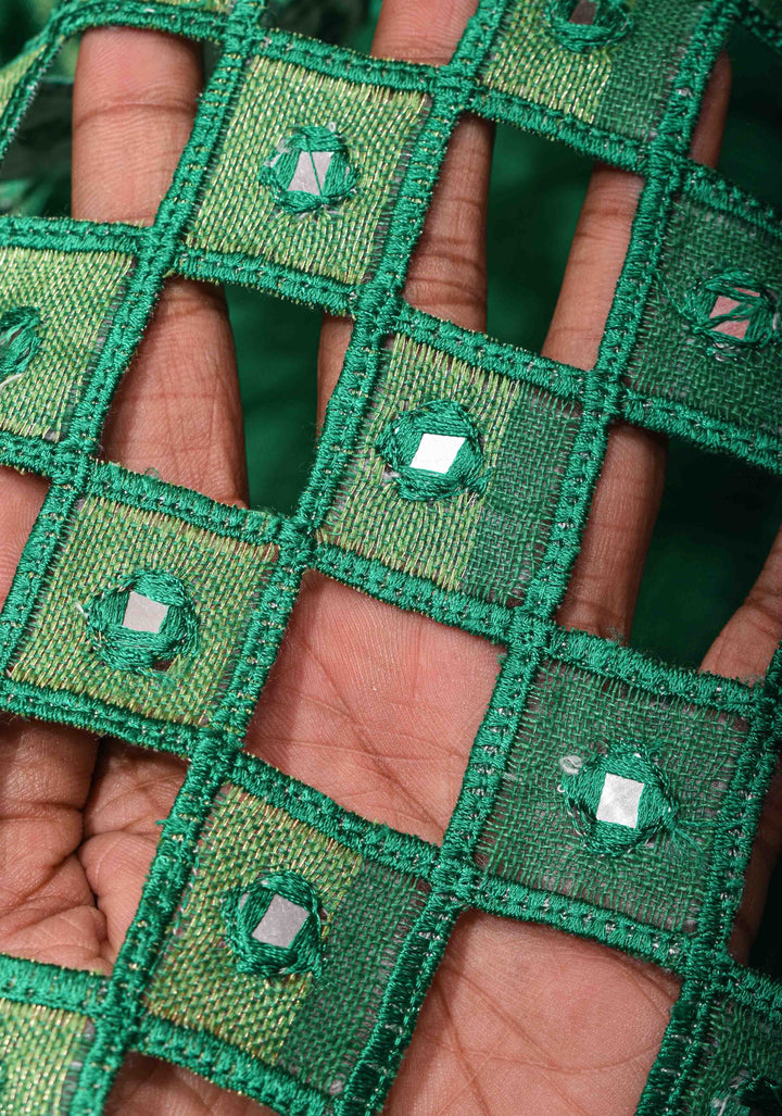 Jaali Pallu - Linen by Linen Cutwork and Mirrorwork Saree in Green