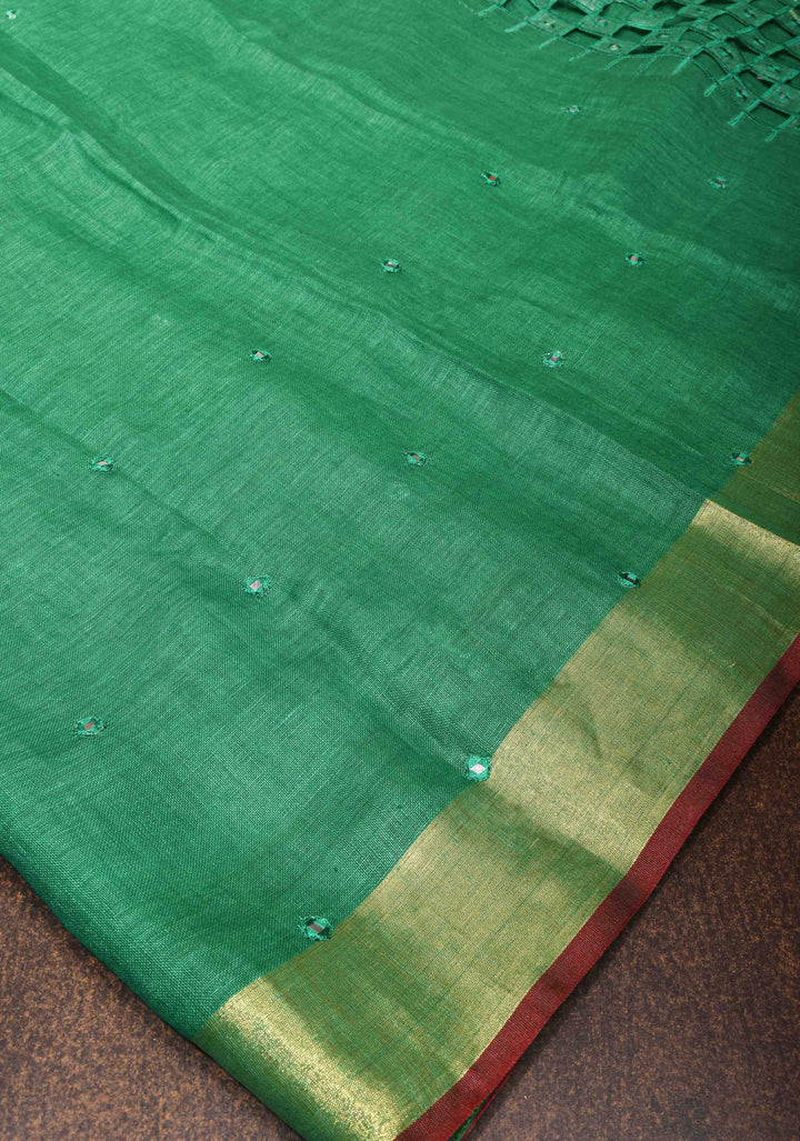 Jaali Pallu - Linen by Linen Cutwork and Mirrorwork Saree in Green