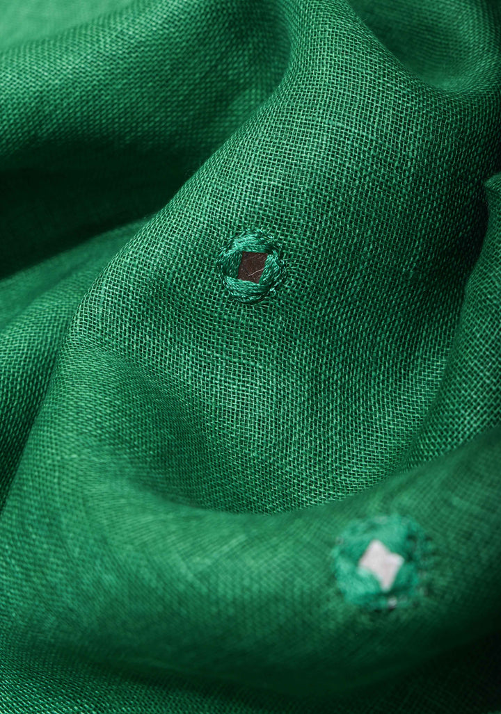 Jaali Pallu - Linen by Linen Cutwork and Mirrorwork Saree in Green