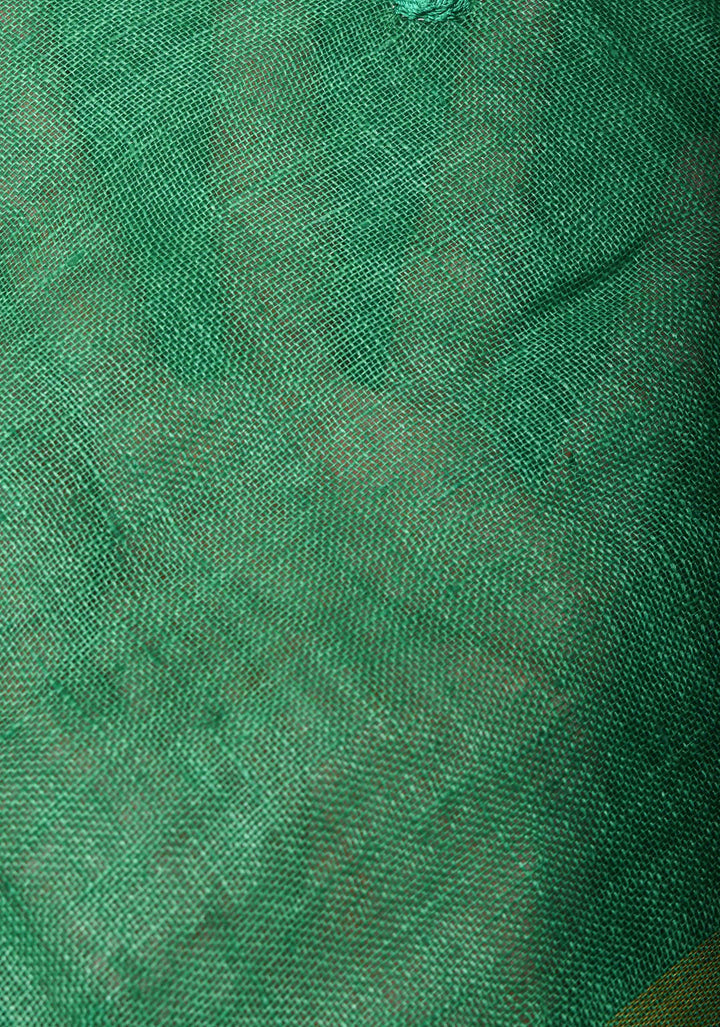 Jaali Pallu - Linen by Linen Cutwork and Mirrorwork Saree in Green
