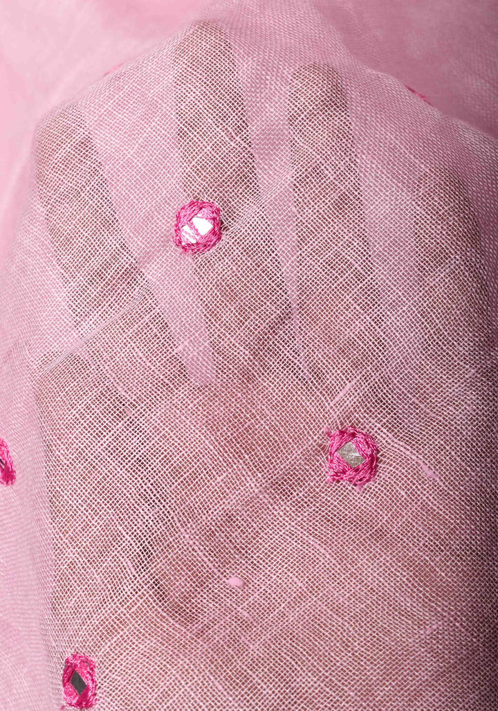 Jaali Pallu - Linen by Linen Cutwork and Mirrorwork Saree in Baby Pink and Zari Border