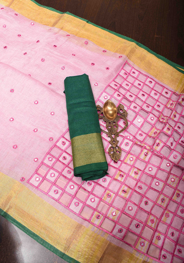 Jaali Pallu - Linen by Linen Cutwork and Mirrorwork Saree in Baby Pink and Zari Border