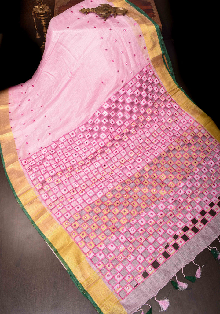 Jaali Pallu - Linen by Linen Cutwork and Mirrorwork Saree in Baby Pink and Zari Border