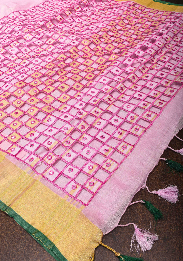Jaali Pallu - Linen by Linen Cutwork and Mirrorwork Saree in Baby Pink and Zari Border