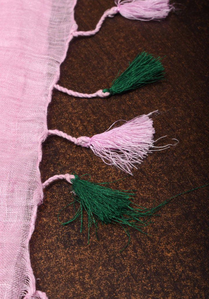 Jaali Pallu - Linen by Linen Cutwork and Mirrorwork Saree in Baby Pink and Zari Border