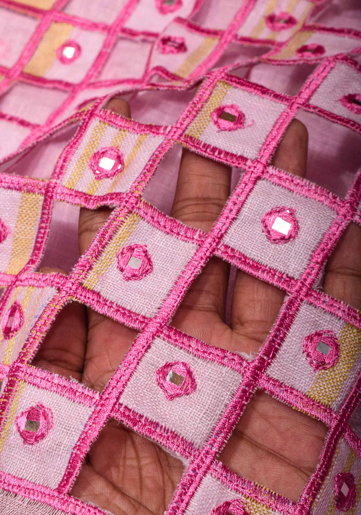 Jaali Pallu - Linen by Linen Cutwork and Mirrorwork Saree in Baby Pink and Zari Border