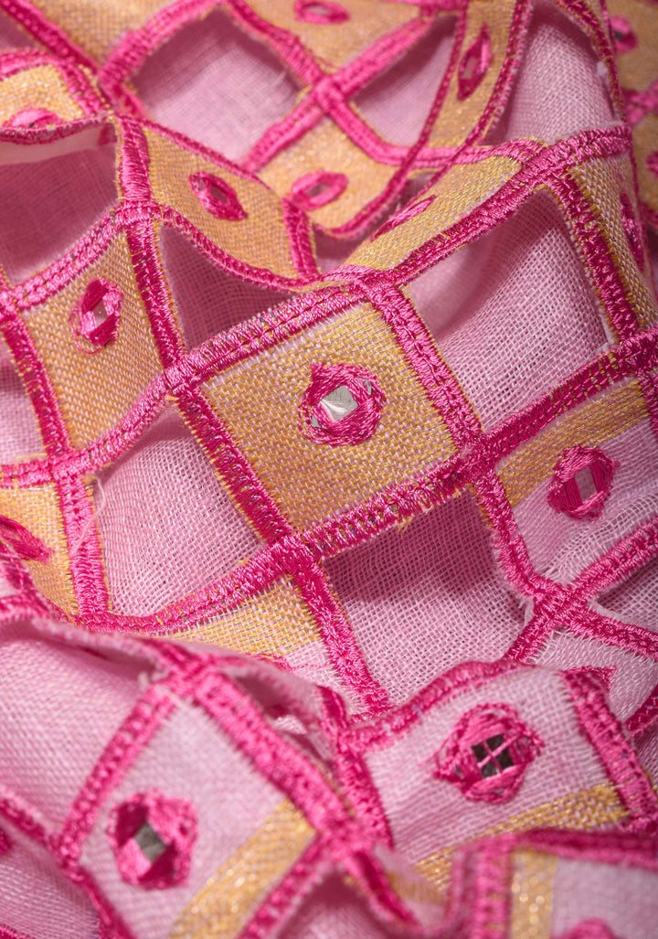 Jaali Pallu - Linen by Linen Cutwork and Mirrorwork Saree in Baby Pink and Zari Border