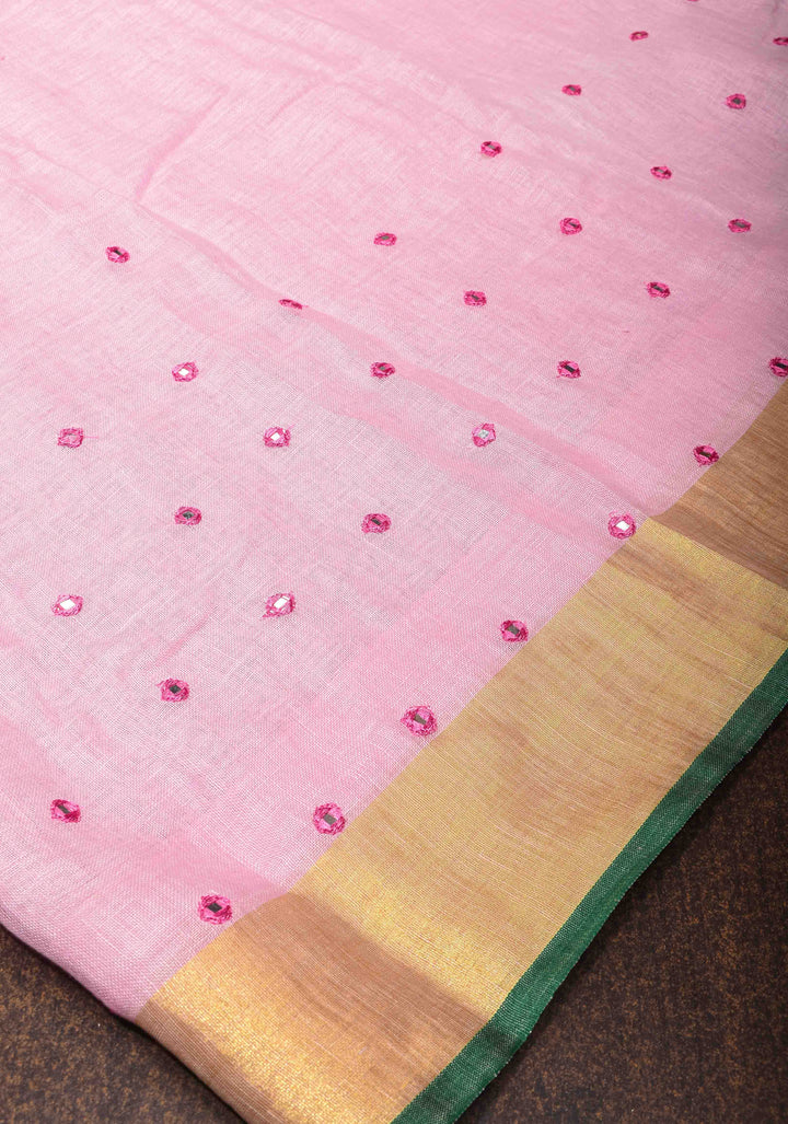 Jaali Pallu - Linen by Linen Cutwork and Mirrorwork Saree in Baby Pink and Zari Border