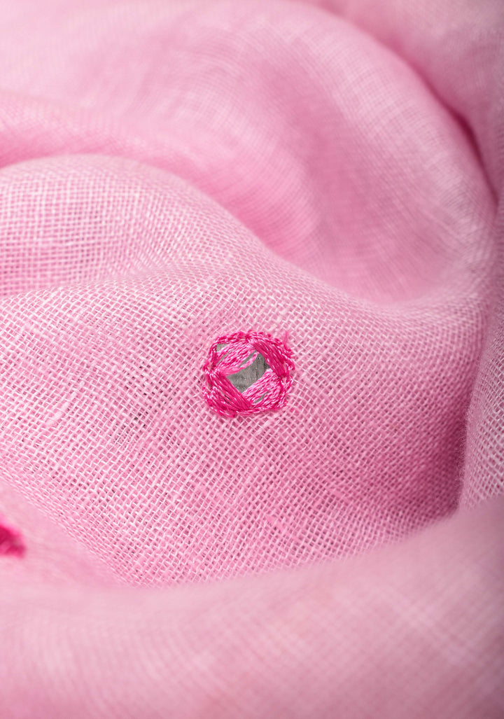 Jaali Pallu - Linen by Linen Cutwork and Mirrorwork Saree in Baby Pink and Zari Border