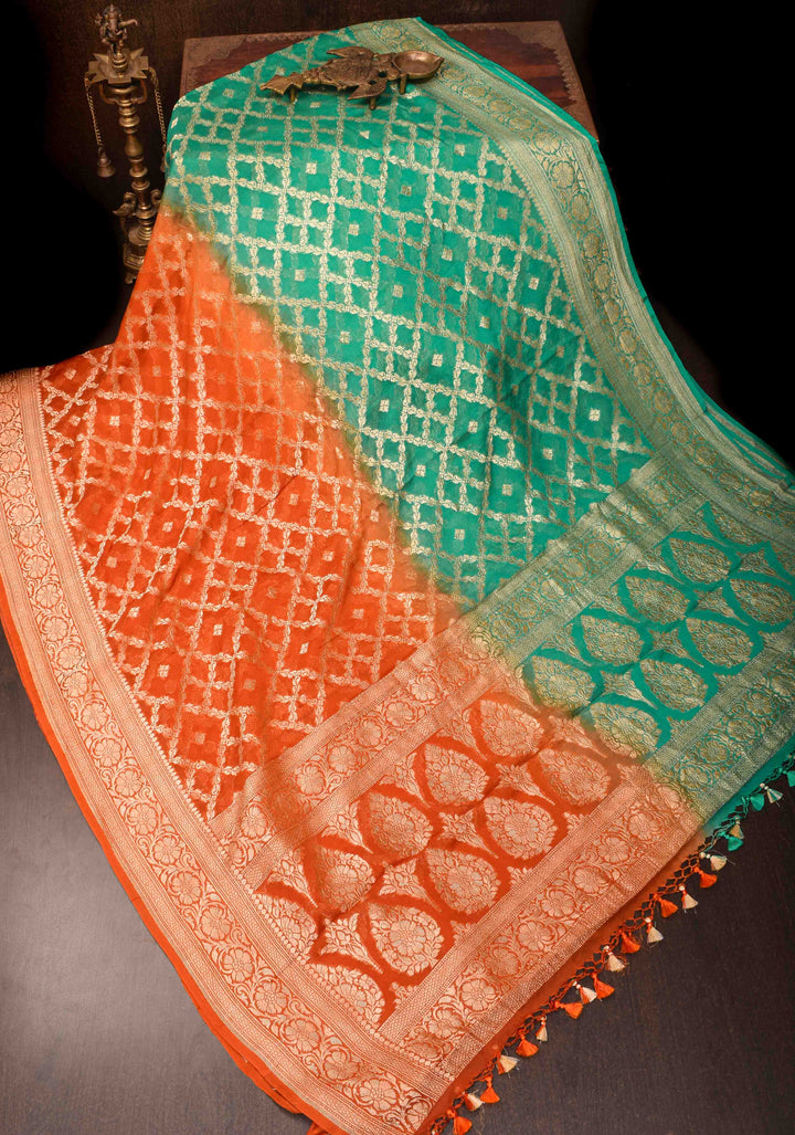 Ombre Shaded Pure Silk Georgette Banarasi Saree with Jaal Design | SILK MARK CERTIFIED