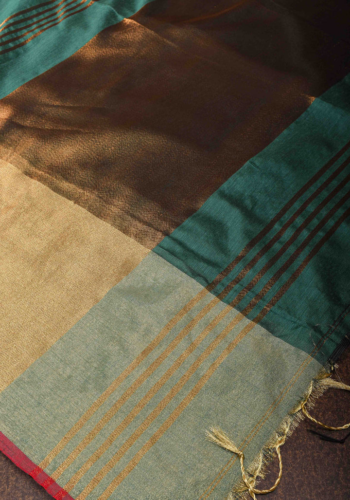 Dark Green Viscose Cotton Saree with Tissue Wide Border, no blouse piece