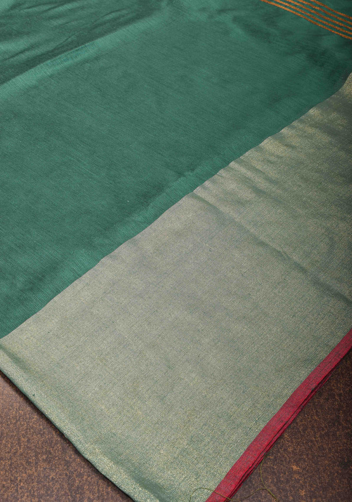 Dark Green Viscose Cotton Saree with Tissue Wide Border, no blouse piece