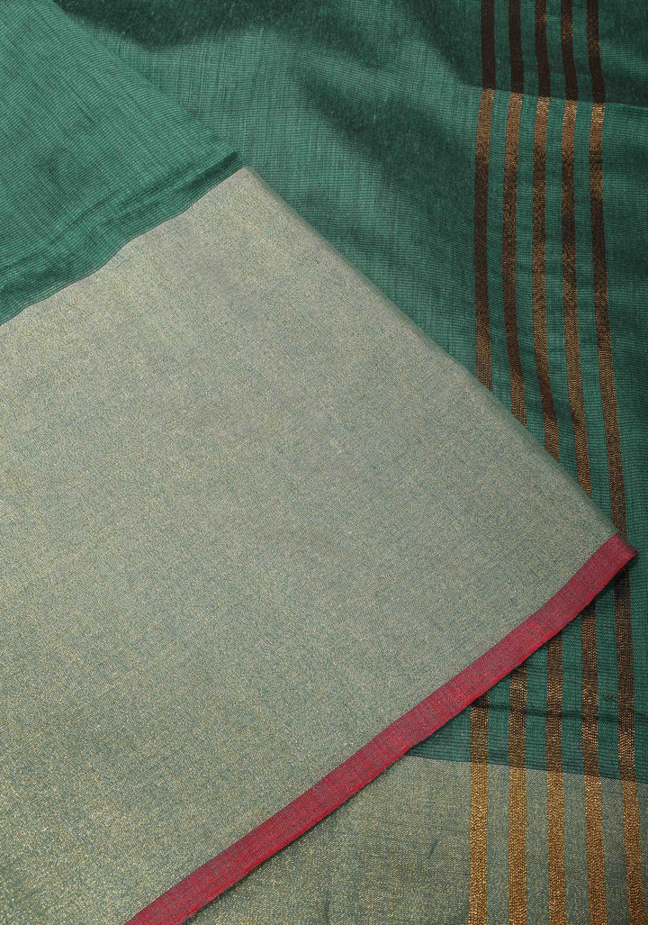 Dark Green Viscose Cotton Saree with Tissue Wide Border, no blouse piece