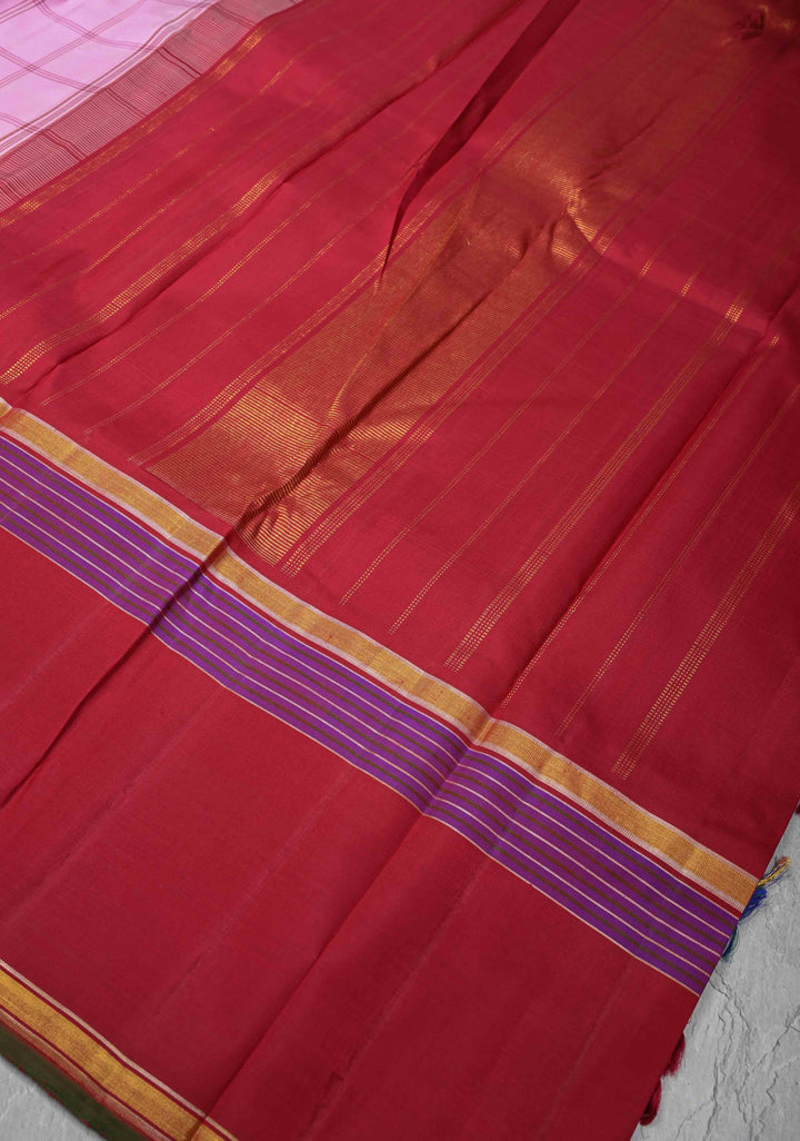 Baby Pink Kanjivaram Pure Silk Saree with Checks and Peacock Motifs on Wide Contrast Border | SILK MARK CERTIFIED