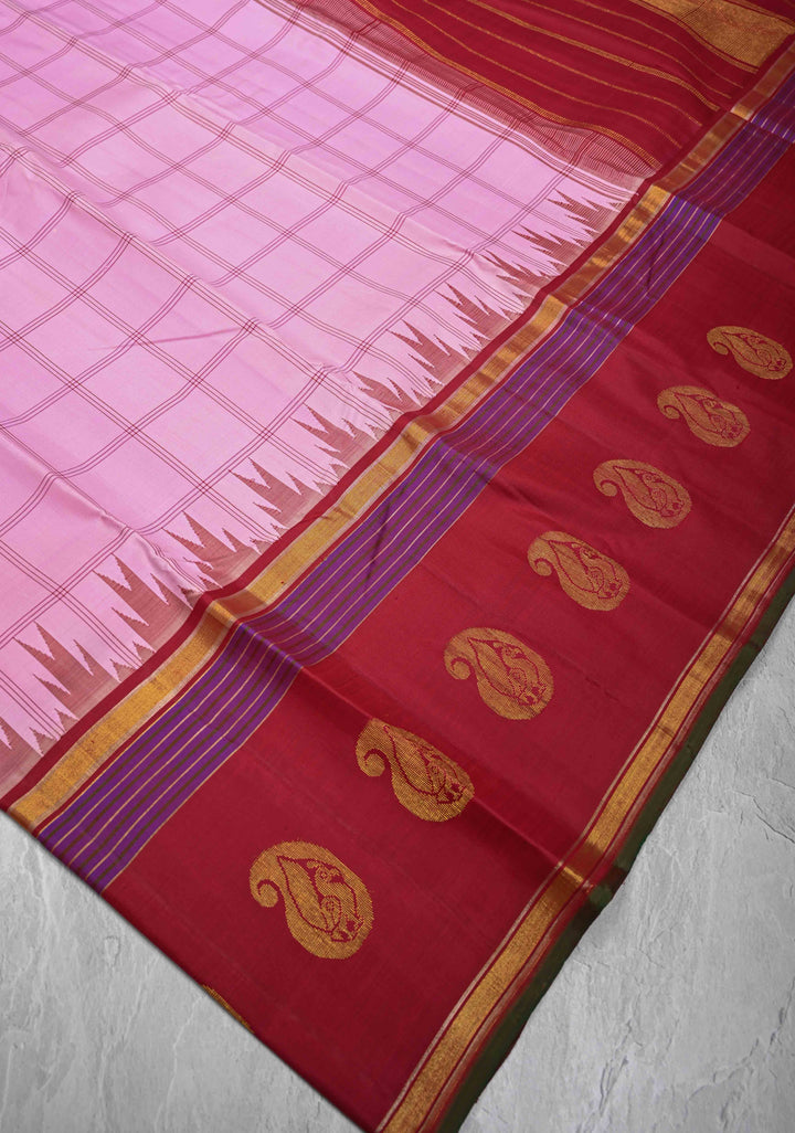 Baby Pink Kanjivaram Pure Silk Saree with Checks and Peacock Motifs on Wide Contrast Border | SILK MARK CERTIFIED
