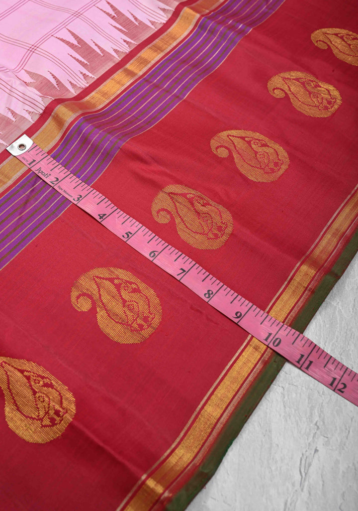 Baby Pink Kanjivaram Pure Silk Saree with Checks and Peacock Motifs on Wide Contrast Border | SILK MARK CERTIFIED