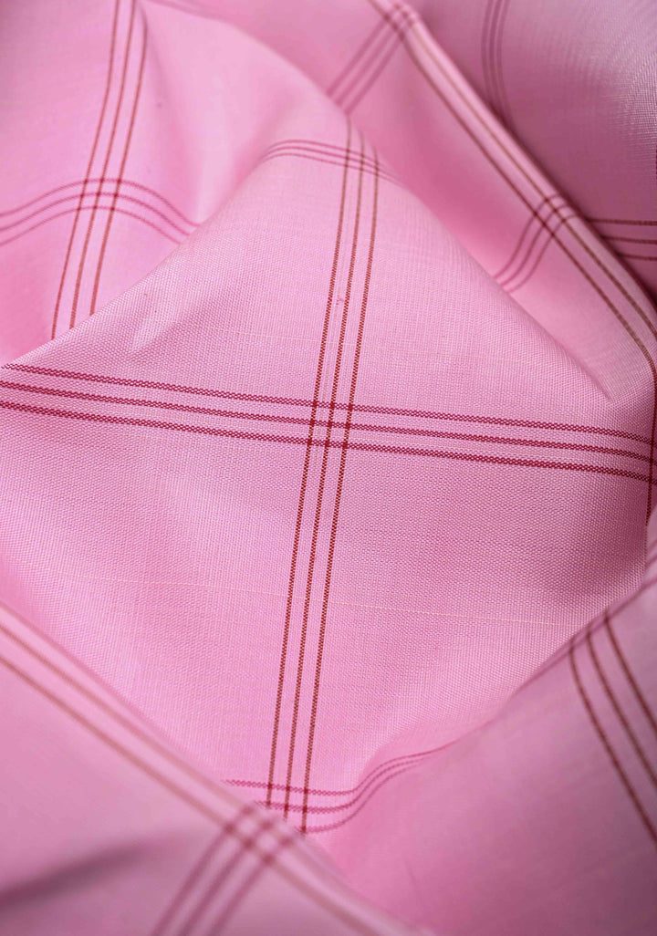 Baby Pink Kanjivaram Pure Silk Saree with Checks and Peacock Motifs on Wide Contrast Border | SILK MARK CERTIFIED
