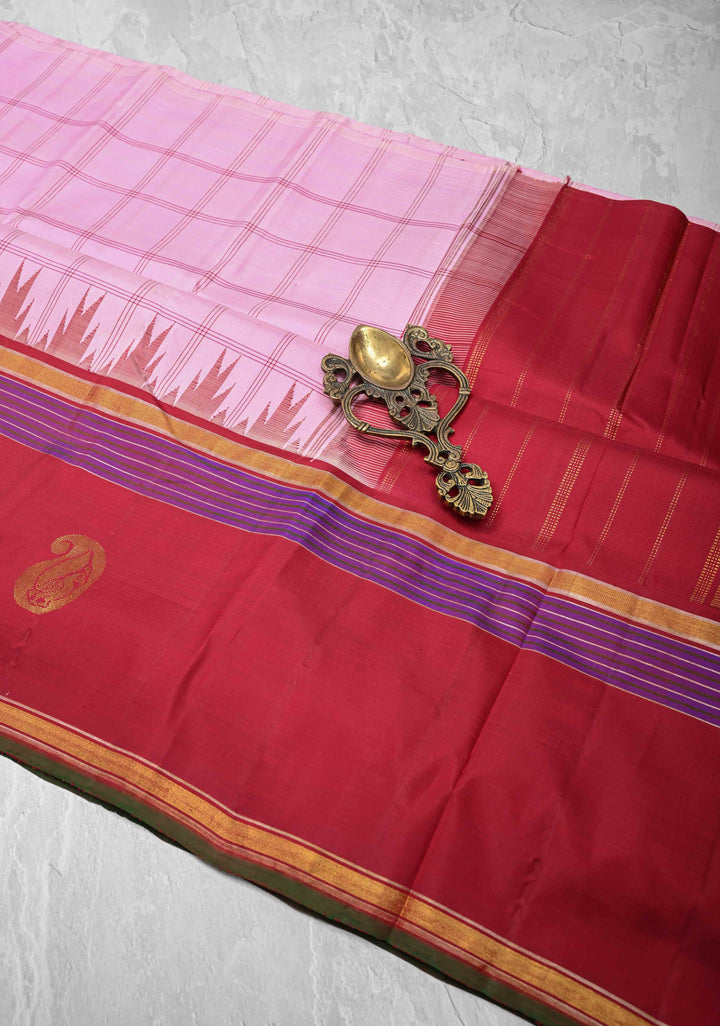 Baby Pink Kanjivaram Pure Silk Saree with Checks and Peacock Motifs on Wide Contrast Border | SILK MARK CERTIFIED