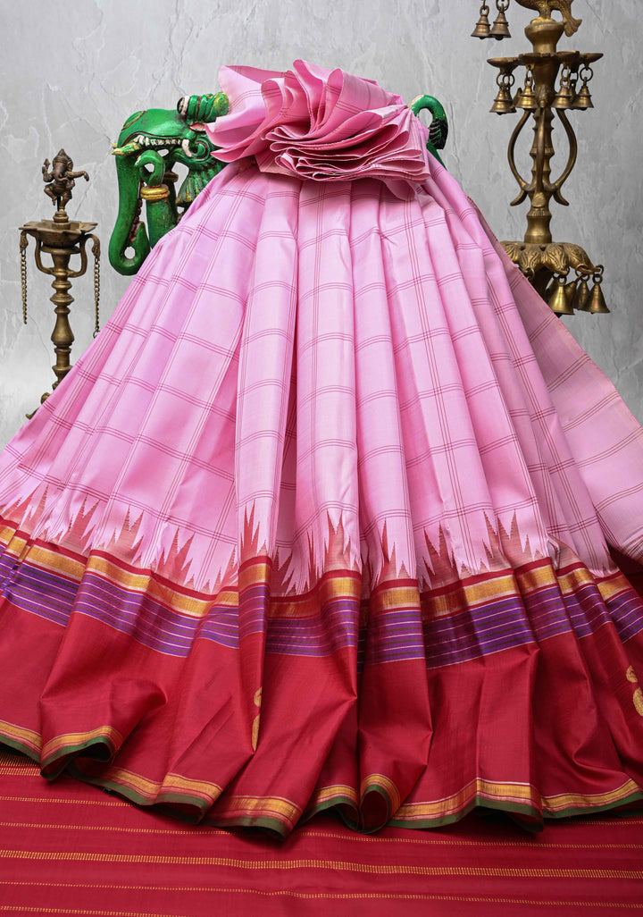 Baby Pink Kanjivaram Pure Silk Saree with Checks and Peacock Motifs on Wide Contrast Border | SILK MARK CERTIFIED
