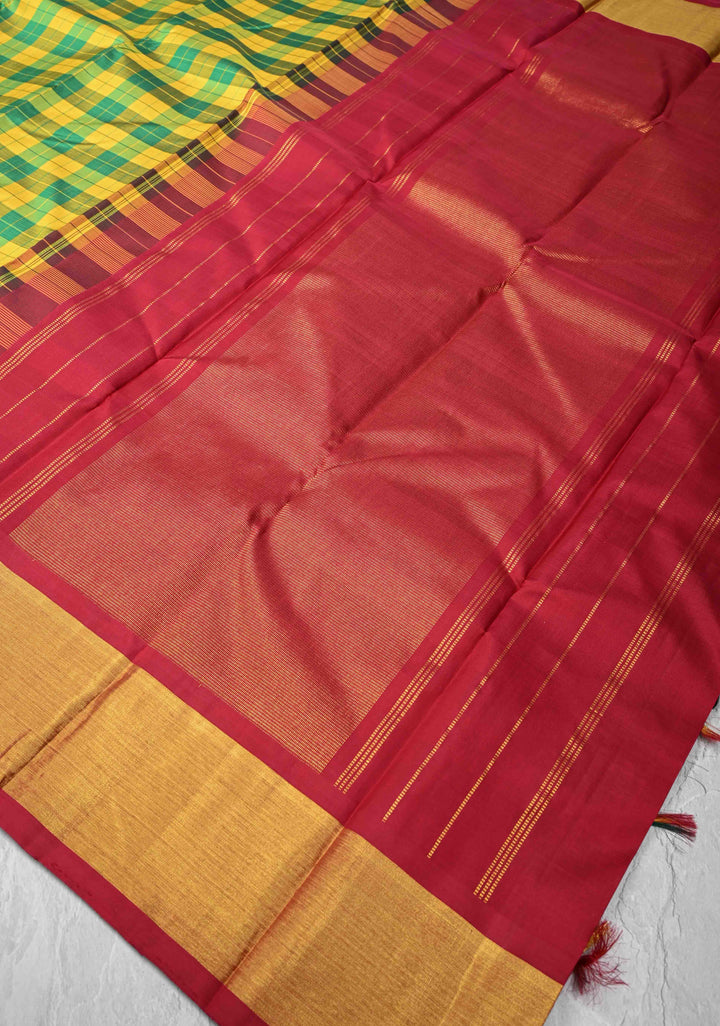 Green-Yellow Checks Kanjivaram Pure Silk Saree with Zari Border | SILK MARK CERTIFIED