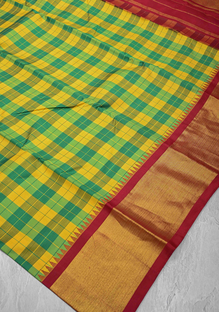 Green-Yellow Checks Kanjivaram Pure Silk Saree with Zari Border | SILK MARK CERTIFIED