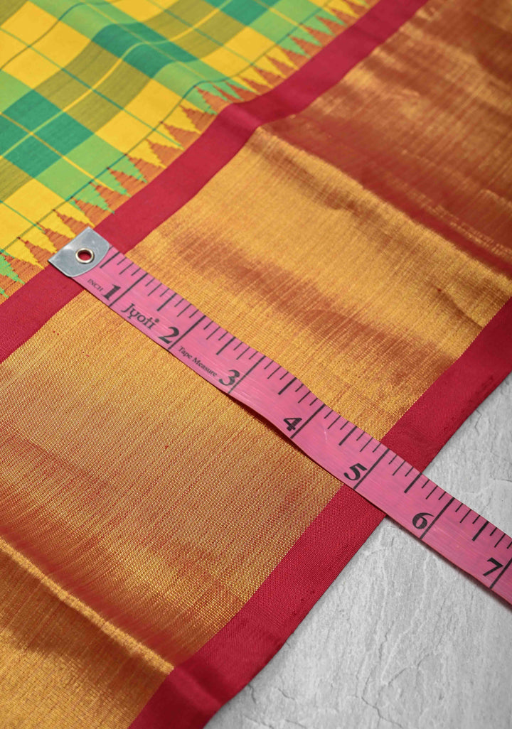 Green-Yellow Checks Kanjivaram Pure Silk Saree with Zari Border | SILK MARK CERTIFIED