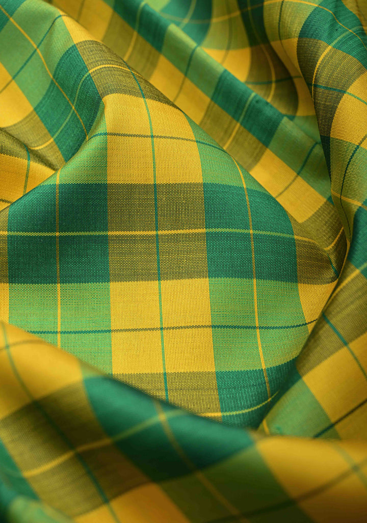Green-Yellow Checks Kanjivaram Pure Silk Saree with Zari Border | SILK MARK CERTIFIED