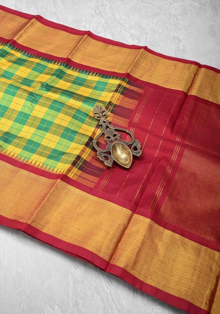 Green-Yellow Checks Kanjivaram Pure Silk Saree with Zari Border | SILK MARK CERTIFIED