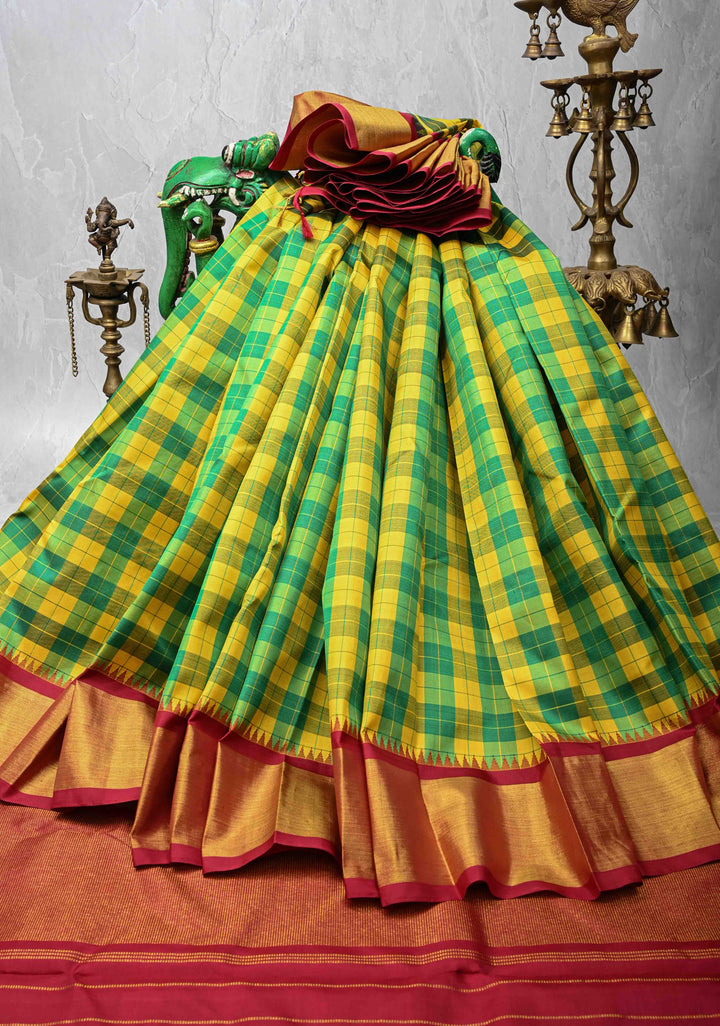 Green-Yellow Checks Kanjivaram Pure Silk Saree with Zari Border | SILK MARK CERTIFIED