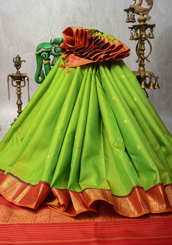 Korvai Weave Chartreuse Kanjivaram Pure Silk Saree with Zari Buttas and Contrast Yali Zari Border | SILK MARK CERTIFIED