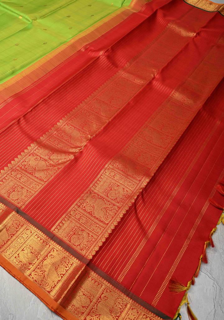 Korvai Weave Chartreuse Kanjivaram Pure Silk Saree with Zari Buttas and Contrast Yali Zari Border | SILK MARK CERTIFIED