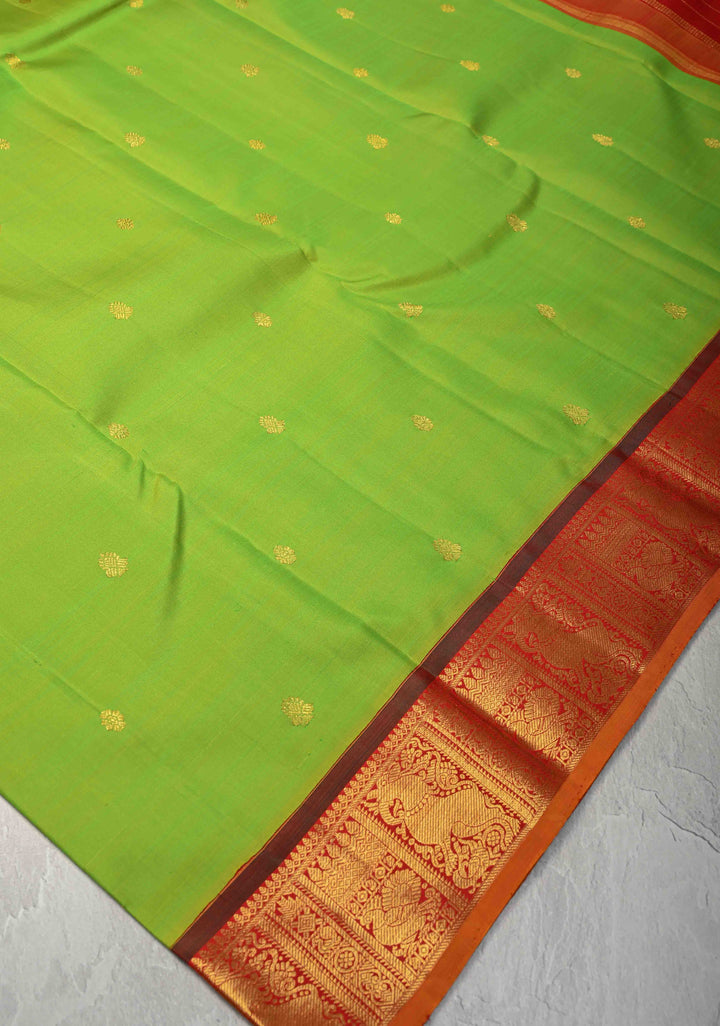 Korvai Weave Chartreuse Kanjivaram Pure Silk Saree with Zari Buttas and Contrast Yali Zari Border | SILK MARK CERTIFIED